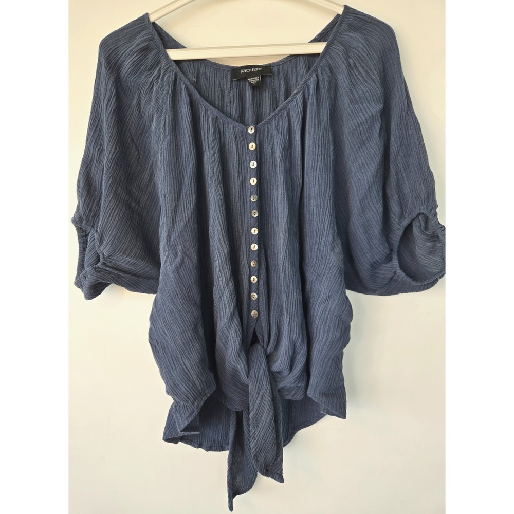Karen Kane Top Women L Blue Short Puff Sleeve Rayon Tie Front Button Up Cottage